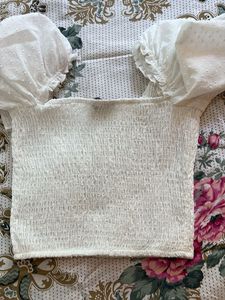 BERSHKA White Smocked Blouse with Puff Sleeves