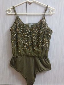 Olive Sequin Bodysuit Top