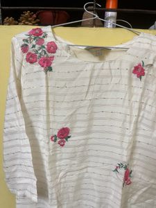 White Kurta Set with Pink Floral Embroidery