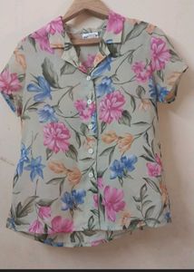 Floral Print Short Sleeve Button-Up Top