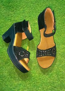 Women's Black Embellished Block Heels