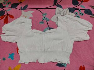 White Lace-up Puff Sleeve Top