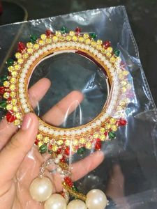 Exquisite Beaded Bangle with Pearl Dangles