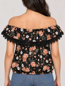 Off-Shoulder Floral Print Top with Lace Trim