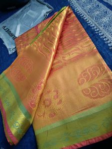 Elegant Green &amp; Orange Saree pure pattu