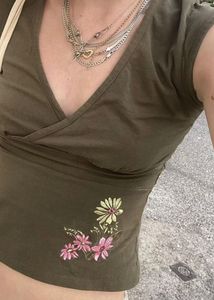 Olive Green V-Neck Top with Floral Embroidery