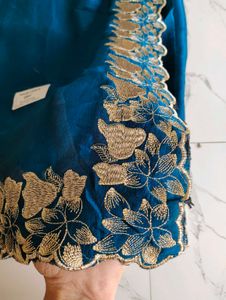Teal Blue Embroidered Saree