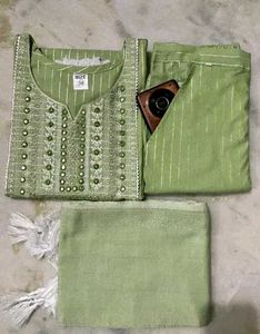 Green Embroidered Kurta Set with Pants & Dupatta