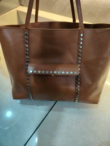 Stylish Brown Leather Tote Bag with Studs