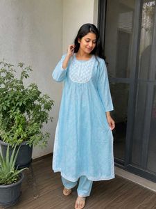 Sky Blue Kurta Set with White Embroidery