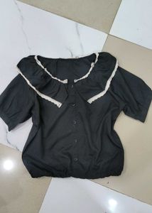 Black Button-Up Top with Ruffled Collar