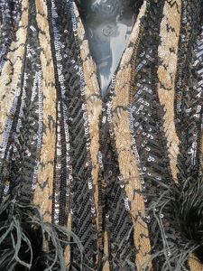 Sequined and Striped Couture Gown with Feather Det