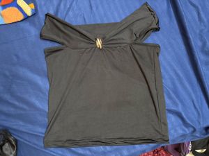 Stylish Black Off-Shoulder Top with Gold Detail
