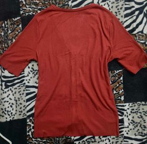 Red V-Neck Button-Up Fitted Top