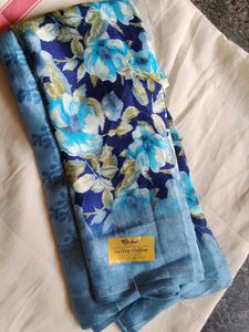 Blue Floral Chiffon Saree