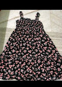 Black Floral Print Smocked Dress