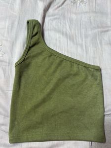 Ribbed Olive Green One Shoulder Crop Top