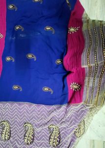Beautiful Saree Blue Pink White Moti Work