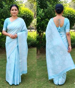 Elegant Modern Sky Blue Silk Saree