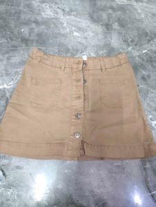 Tan Button-Front A-Line Mini Skirt