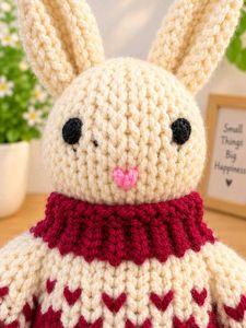 Handmade Knitted Bunny Doll with Maroon Sweater |