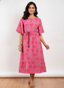 Pink Floral Print Midi Dress