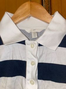navy blue and white striped button shirt