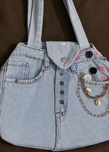 Y2K Light Blue Denim Tote Bag with Chain & Button