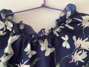 Women Navy Blue Printed Puff Sleeve Flare Dress