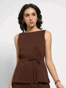 Brown Ribbed Top with Tie Detail