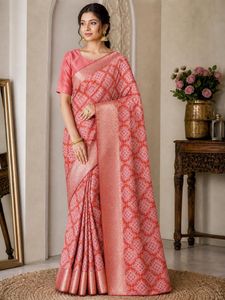 Elegant Pink Geometric Print Silk Saree