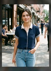 Chic Navy Collared Short Sleeve Top
