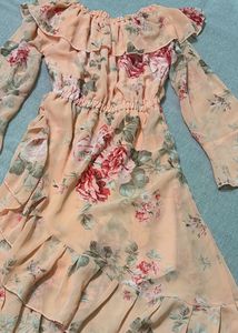 Floral Off-Shoulder Ruffle Dress and peach kurti
