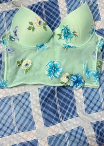 Mint Green Floral & Butterfly Corset Top