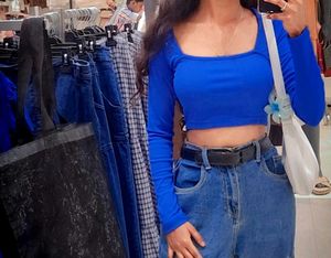 Blue Ribbed Square Neck Cropped Top