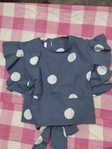 Blue Polka Dot Top with Flutter Sleeves