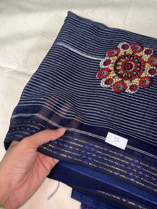 Elegant Navy Blue Saree with Floral Embroidery