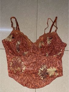 Vintage Floral Print Lace Trim Bra
