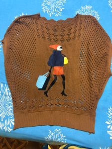 Brown Crocheted Top with Graphic Print