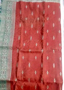 Elegant Orange and Green Broked Banarasi Silk .Sar