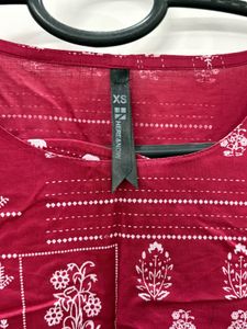Maroon Block Printed Straight Fit Kurta