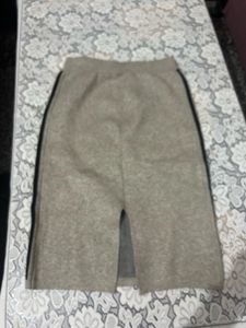 khaki wool Skirt with Black Stripe Detail