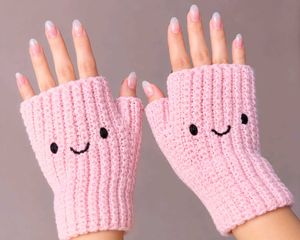 Cute Pink Smiley Face Fingerless Gloves