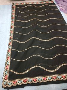 Elegant Black Saree with Sequins &amp; Embroidery