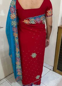Vintage Handwork Red &amp; Blue Embroidered Saree