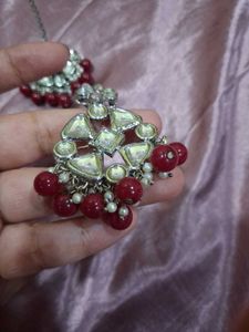 SilverPlated Kundan Style Earrings + MaangTikka