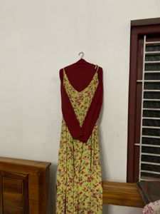 Green Floral pinafore Dress with maroon Inner top