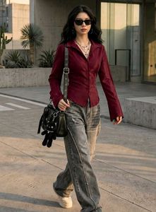 Korean Pintrest Chic Burgundy Button-Up Shirt