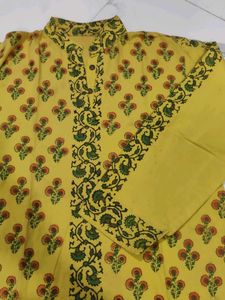 Yellow Printed Short Cotton Kurti