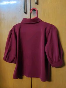 Maroon Puff Sleeve Buttoned Top